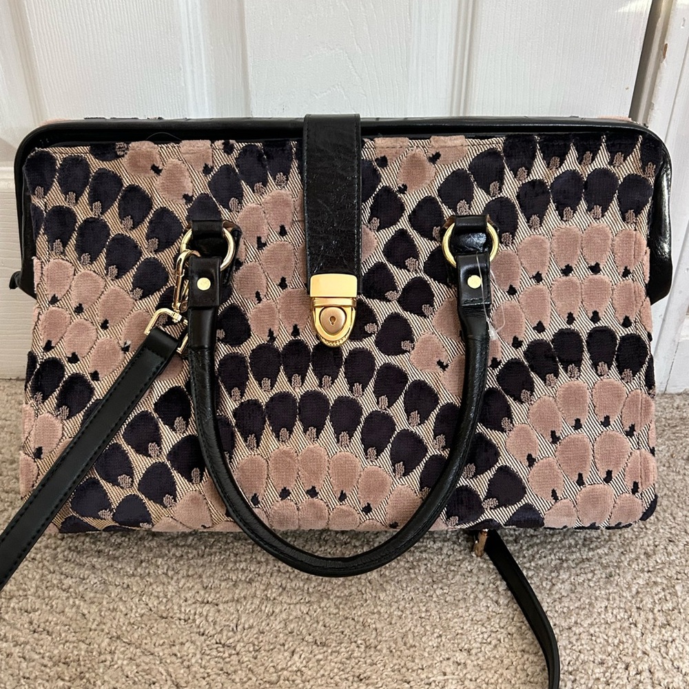 Patterned Black and Taupe Womens Satchel with Gold-Tone Hardware